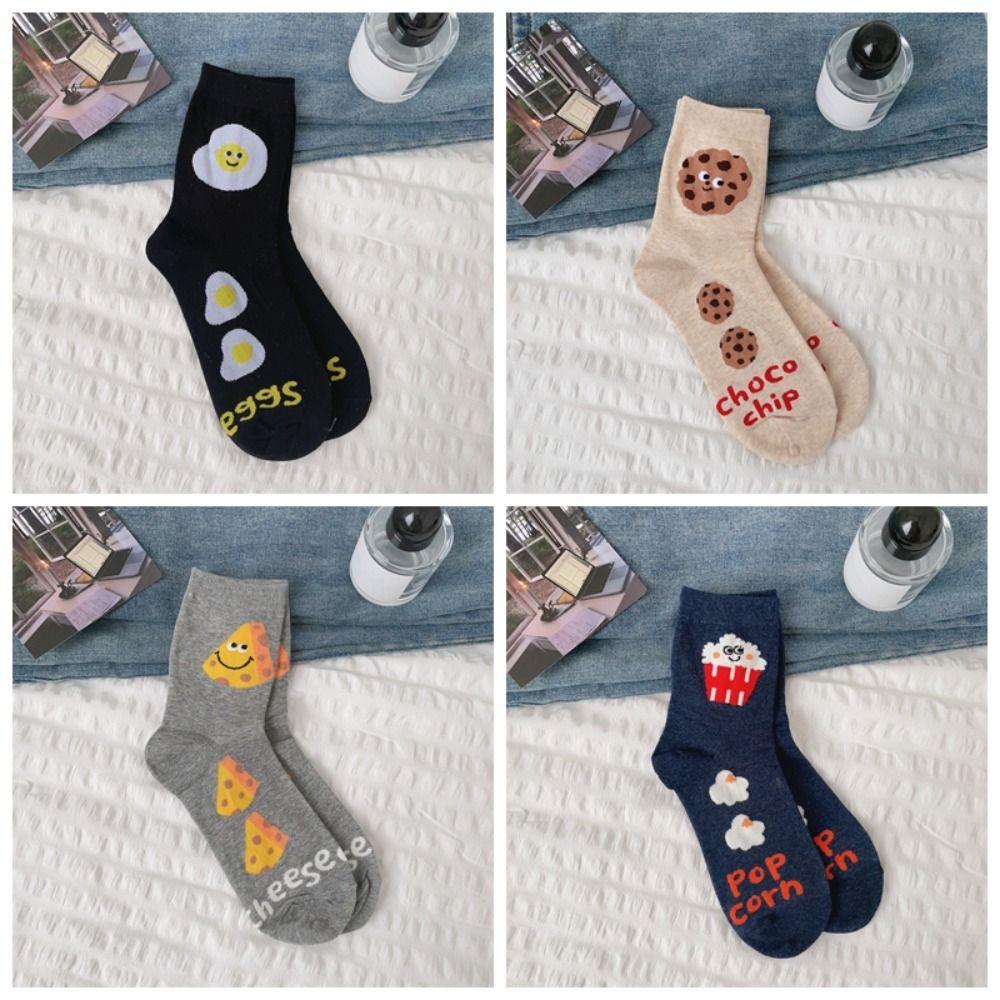 4Pairs Cotton Cartoon Short Socks Cheese Mid-calf Socks Comfortable Women's Stockings Female