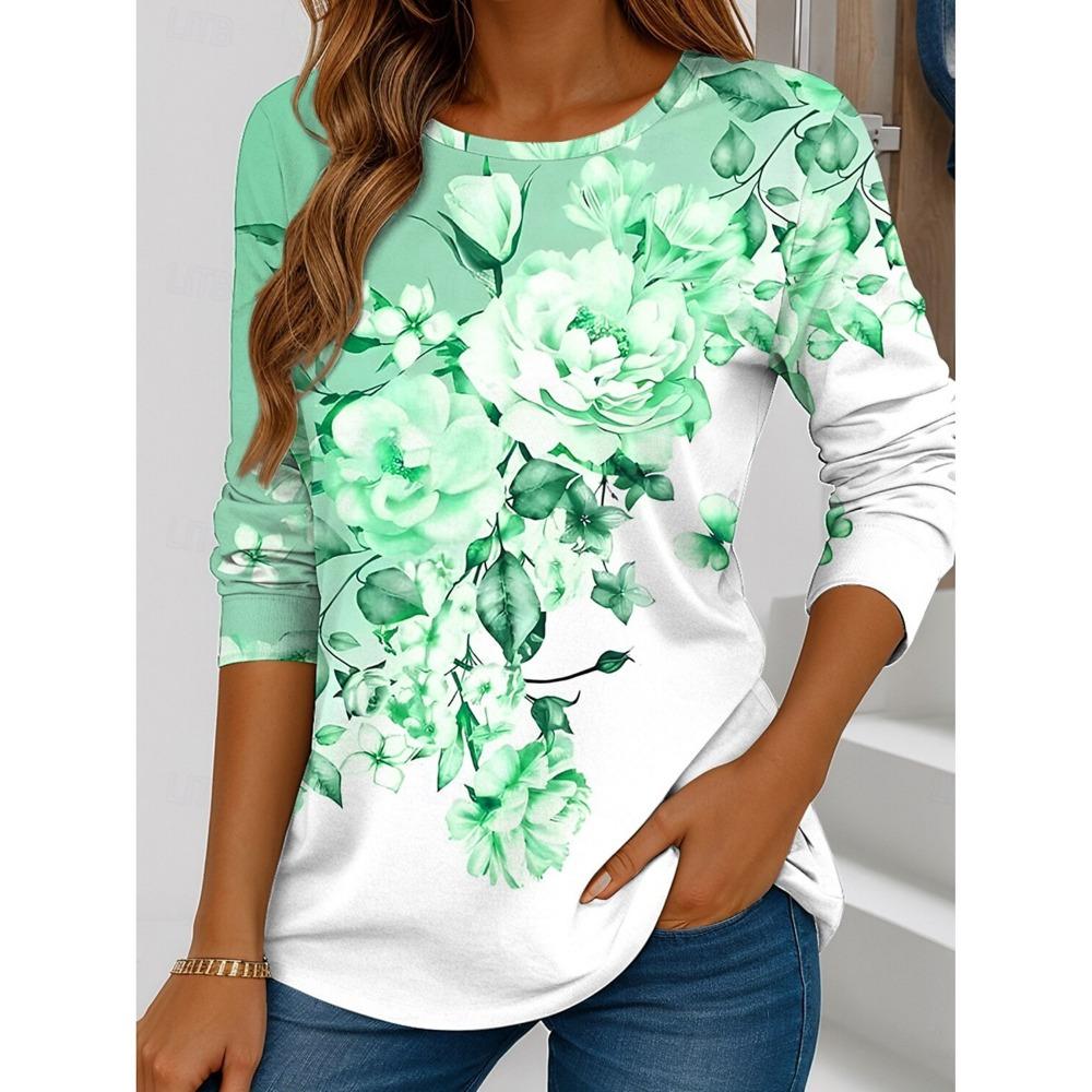 Summer Women's T Shirt Floral Graphic Plants Stylish Casual Long Sleeve T-shirts Round Neck Regular Tops Flower Printed Pullover