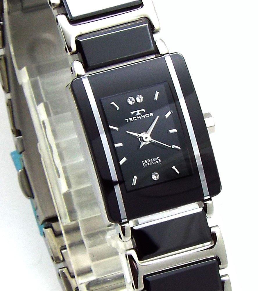 Dámské hodinky TECHNOS Elegantní keramické černé ciferníky Stříbrná kombinace náramku se srdíčkem TSL906TB-SET [Položka]