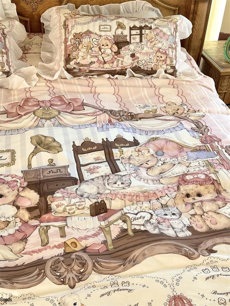Cute Cartoon Lolita Pure Cotton Bedsheet and Duvet Cover Set – All-Cotton, Four-Piece Set