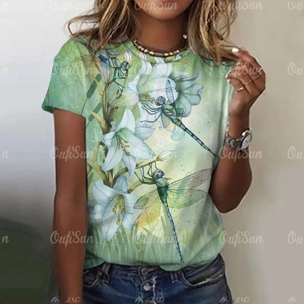 2024 Fashion Women's Short Sleeve Women's T-Shirt Dragonfly Print Fashion T-Shirt for Women Basic Casual Women's Oversized Top