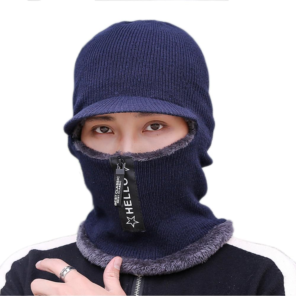 Winter New Men Warm Wool Knitted Hat Cap Visor Beanie Ear Protection Cycling Bicycle Outdoor Windproof Thick Cozy Scarf