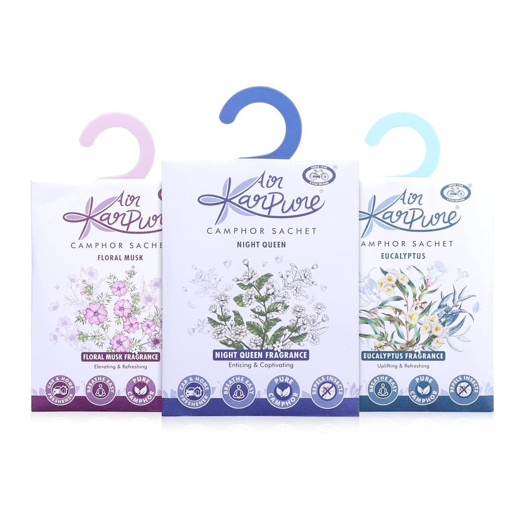 Cycle Pure Karpure Camphor Sachet Pack of 3 Air Freshener for Home Wardrobe Office Car 30 Days
