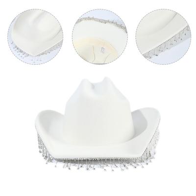 Cowboy Hat with Rhinestones Tassel Glitter Rave Cowgirl Hat 58cm/23" Cap Circumference Fit for Adults Women White Black