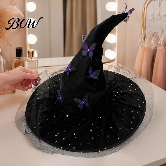 Ruffled Witch Hat for Parties Halloween Women, Large Glitter Sequins Mesh Wizard DIY Matching Tulle with Butterfly Costume Accessory, Cosplay