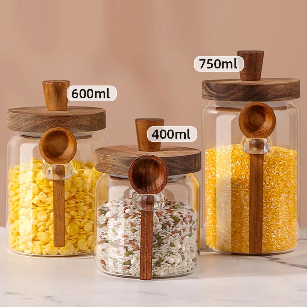 Glass Jar Grains Coffee Bean Tealeaf Storage Containers with Wood Spoon Lid Clear Spice Jar Bottle Kitchen Organizer