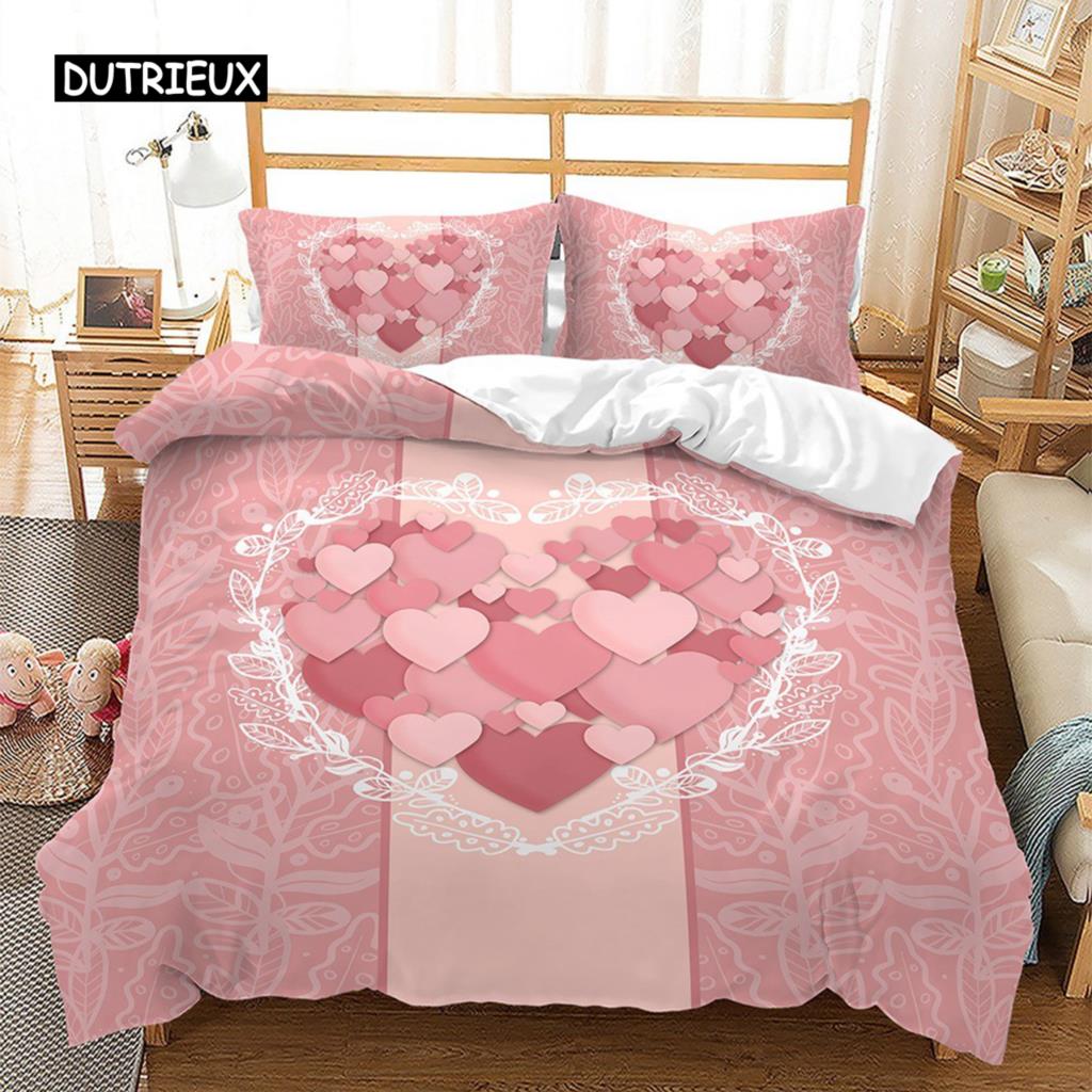 Pink Valentine's Day Love Heart Name Bedding Sets Single Double Size Fashion Flower Rose Duvet Cover for Bedroom Decorations