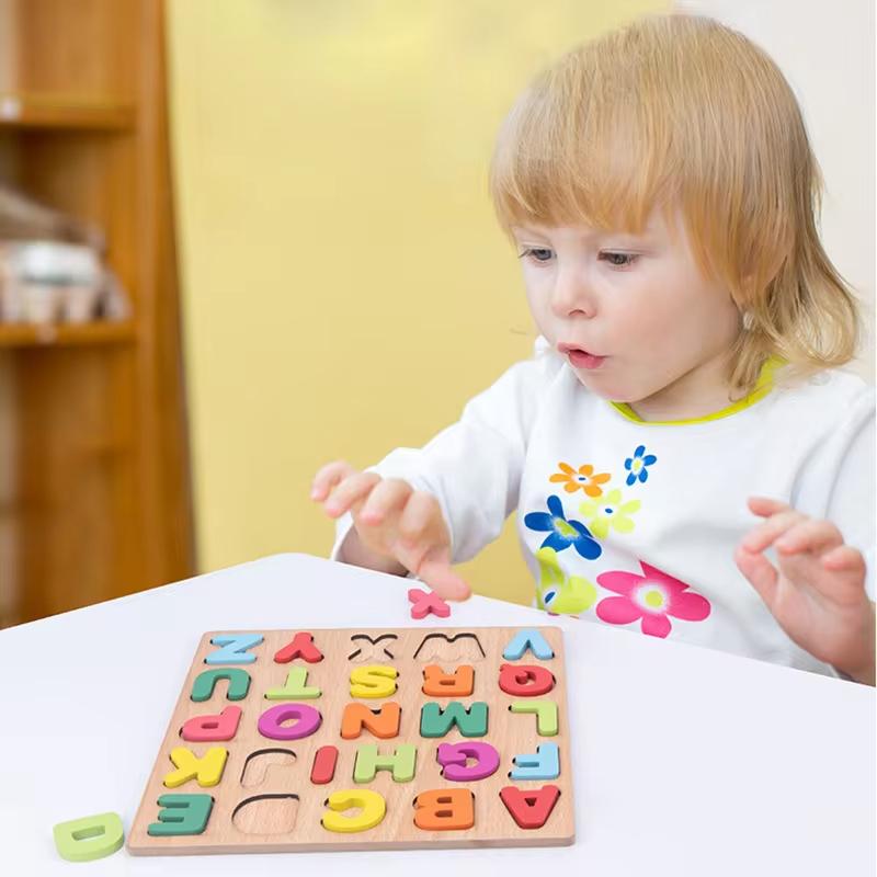 Drevené puzzle pre batoľatá Montessori hračky pre bábätká ABC Abeceda Číslo Tvar Zodpovedajúca dosková hra Predškolská vzdelávacia hračka pre deti 2-4
