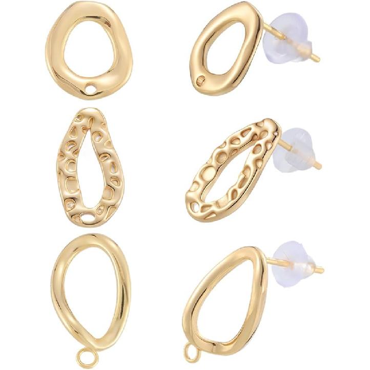 Beebeecraft 18Pcs 3 Styles Gold Circle Earring Post Blank Earring Studs with Backs Loop Hollow Round Real 18K Gold Plated Brass Dangle Ear Findings
