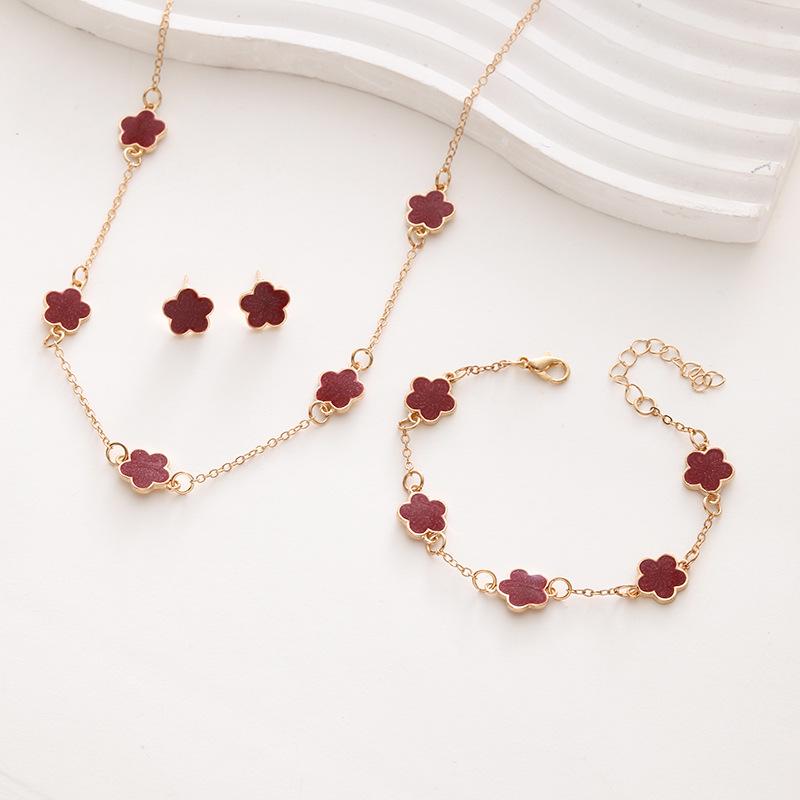 Fashion Five-petal Flower Bracelet Necklace Set for Women Lucky Five-leaf Clover Earring Necklace Girl Party Accessories Gifts