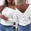 Podzimní Dlouhý rukáv Elegantní Zadní Knoflíky Pulovry Košile Ženy Street Elegantní Slim Fit Ležérní halenka Dámské topy Móda Košile s pevným šikmým límcem 25433