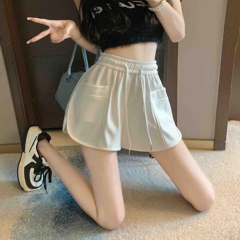 with Pockets High Waist Shorts Fitness Drawstring Short Pants Simple Wide Leg Shorts Women  Ladies