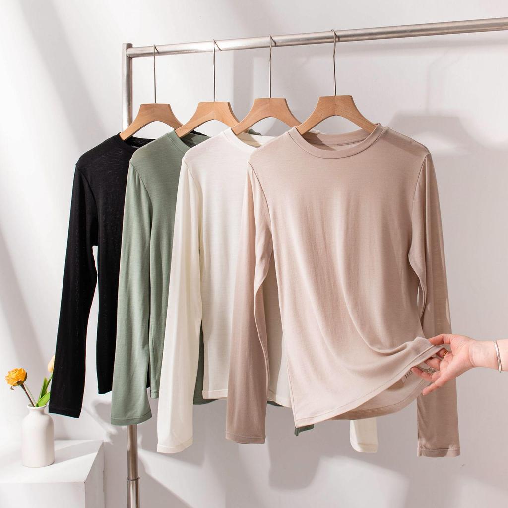 2025 Autumn Slimming Round Neck Silk Wool T-Shirt - Warm, Skin-Friendly, Solid Color