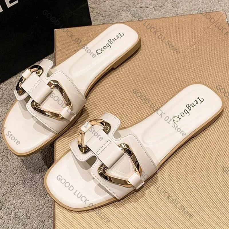 Fashion 2025 Women Metal Decor Single Band Flat Sandals Fashion Sexy Open Toe Outdoors Slides Luxurious Office Ladies Party Female Shoes