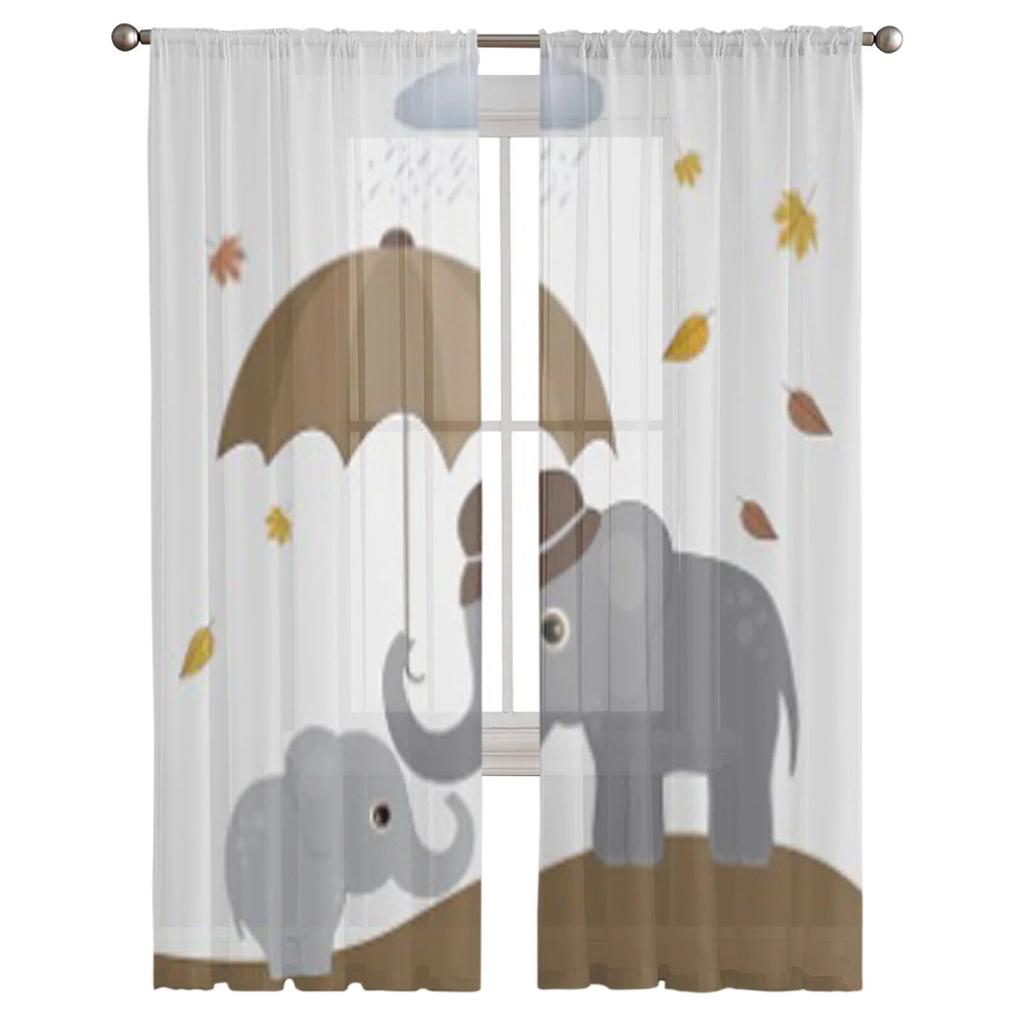 Niedliche Elefanten mit Regenschirm, transparente Vorhänge für Schlafzimmer, Wohnzimmer, Tüllvorhänge für Küche, Fenster, Voile-Vorhänge