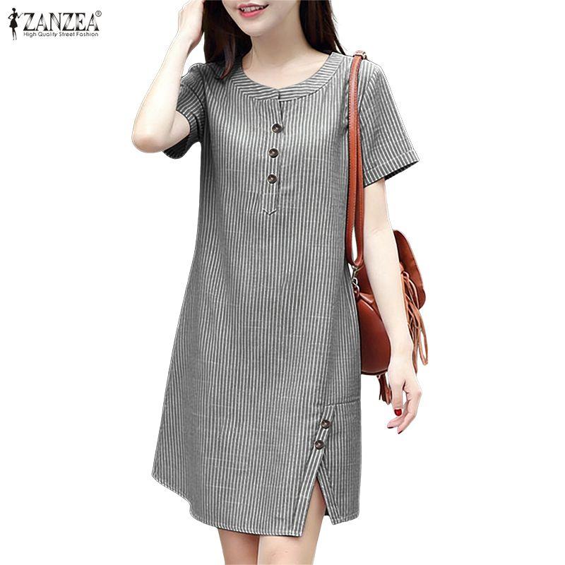 ZANZEA Vestido casual de verano para mujer con cuello redondo, manga corta y rayas