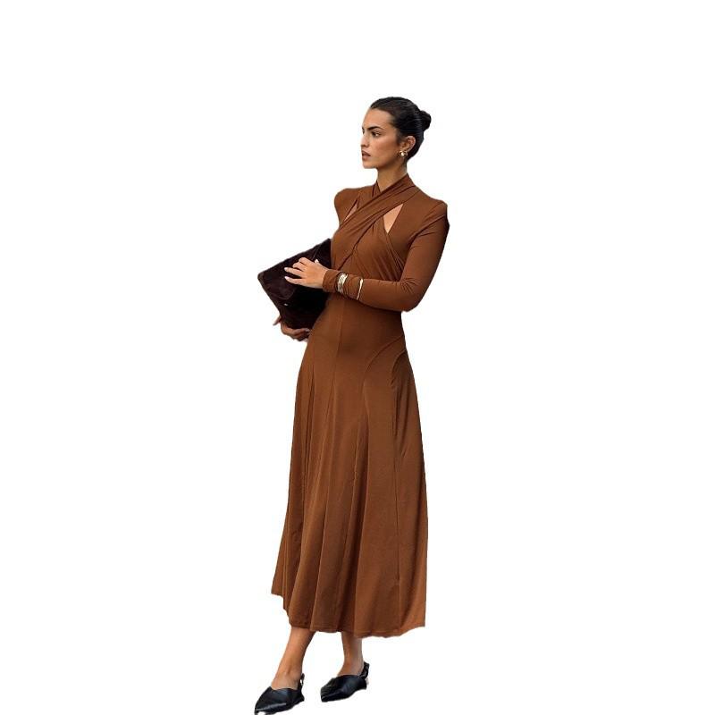 Elegantní zeštíhlující šaty s dlouhým rukávem a zavazováním za krk v evropském a americkém stylu pro ženy - Podzimní kolekce 2024