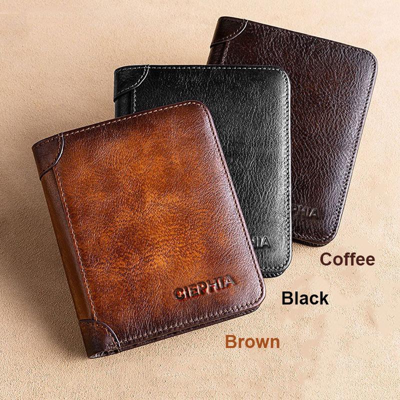 Genuine Leather Wallets for Men Vintage Short Multi Function Business Purse RFID Blocking Zipper ID Credit Card Holder Money Bag