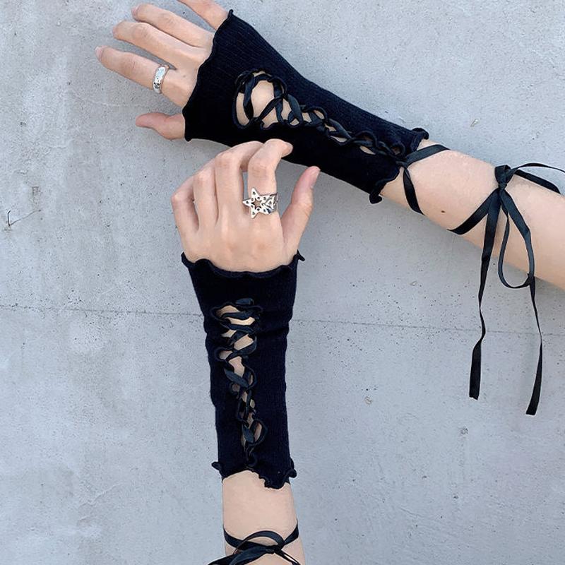 1Pieces Lolita Strapping Bow Fishnet Lace Fingerless Gloves Floral Elastic Mesh Handwear Mountaineering Gloves