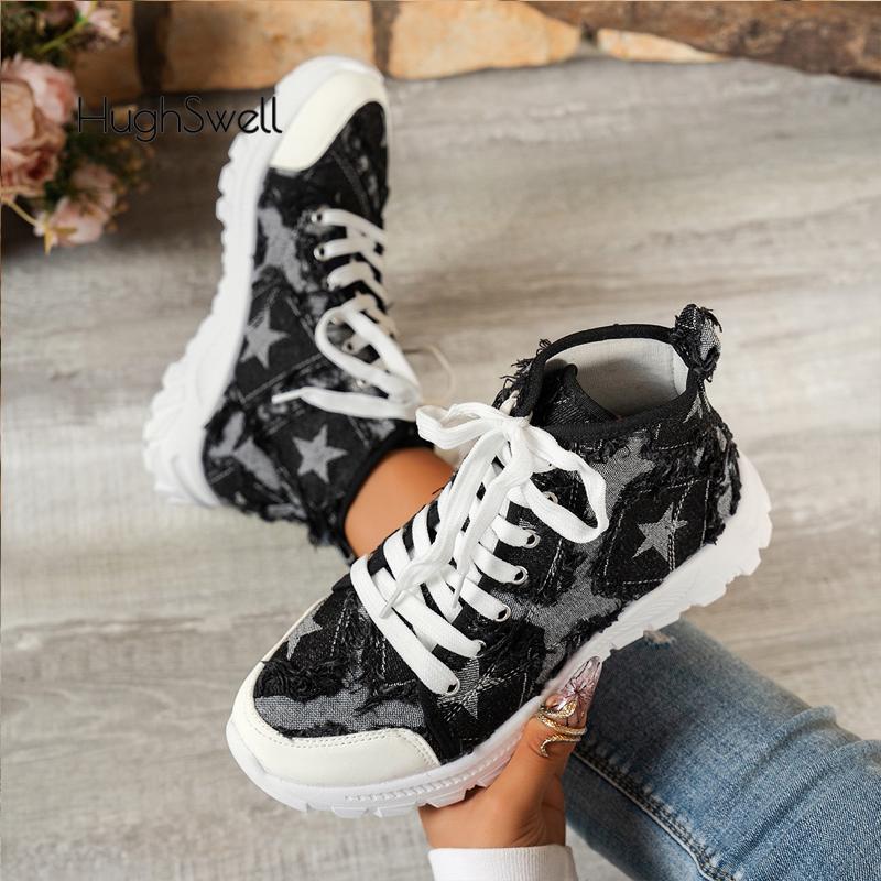Fashion Star Print High Top Lace-up Denim Sneakers Woman Casual Fringed Short Boots Ladies Fashion Brand Design Canvas Shoes