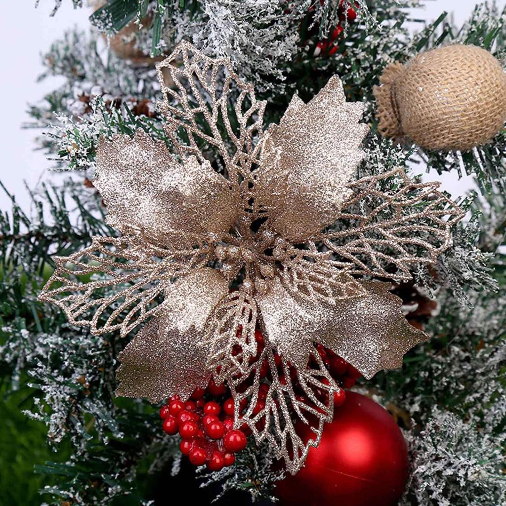 Set Of 10 Pcs Christmas Poinsettia Flowers Ornaments Glitter Floral Accessories Xmas Wreath Tree Decorations For Party Home Wedding