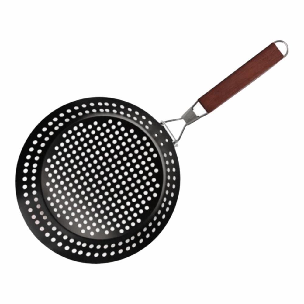 Wooden Handle BBQ Grilling Pan Folding Barbecue Plate Outdoor Grill Topper Kitchen Roasting
