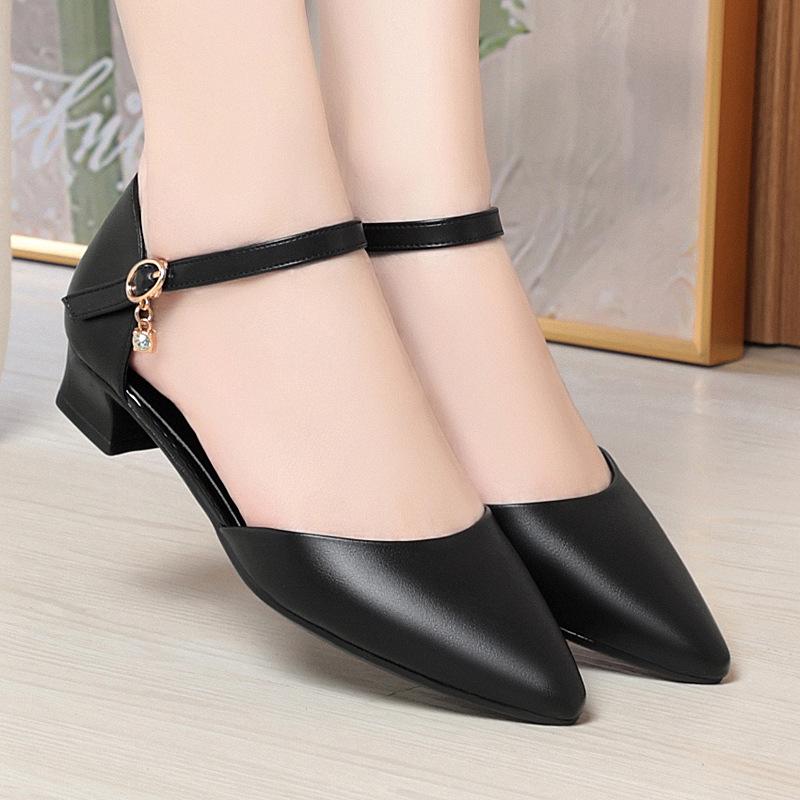 

Spring and summer new white single shoes soft leather soft sole black work shoes women s hollow bag head one-word buckle belt women s leather shoes 35
