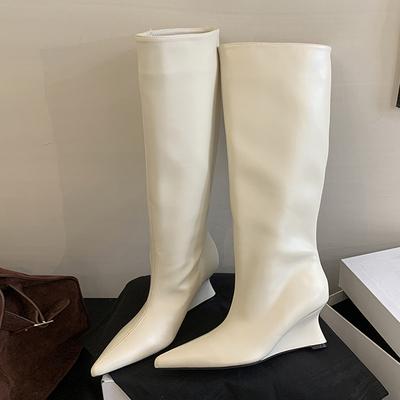 Fashion Liyke Autumn Winter White Women Knee-High Boots Street Style Pointed Toe Low Wedges Heels Ladies Party Shoes Long Botas Mujer
