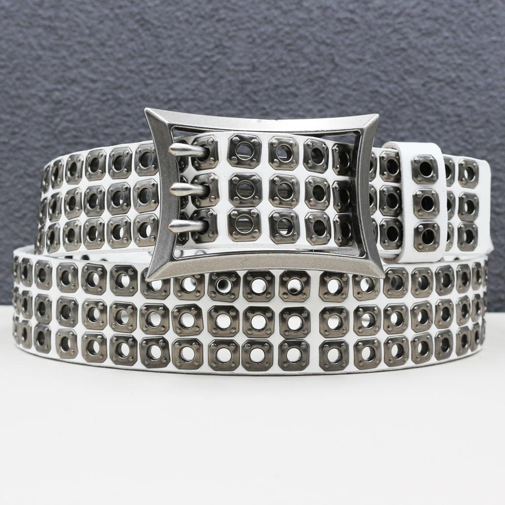 New Japanese American Motorcycle Belt Heavy Duty Punk Car Eye Hollow Rivet Men's Cowhide Belt Women's Three-pin Buckle