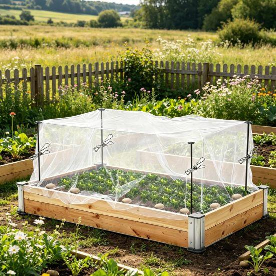 1 Set Raised Garden Bed Netting, Garden Bed Insect Netting Kit, 2.6ft Metal Support Stakes with 4Ft x 8Ft Fine Mesh