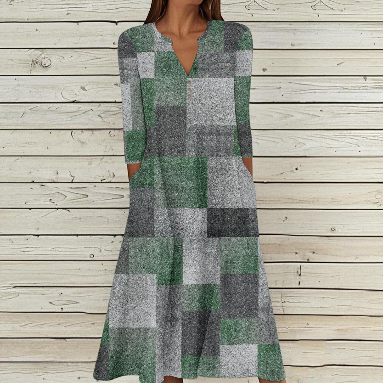 

Женское летнее повседневное платье с V-образным вырезом на пуговицах, винтажным принтом, рукавом три четверти, длинное, с карманами M зелёный