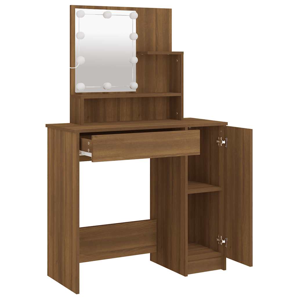 Makeup Table with LED Lights Brown Oak Effect 86.5 X 35 X 136 Cm