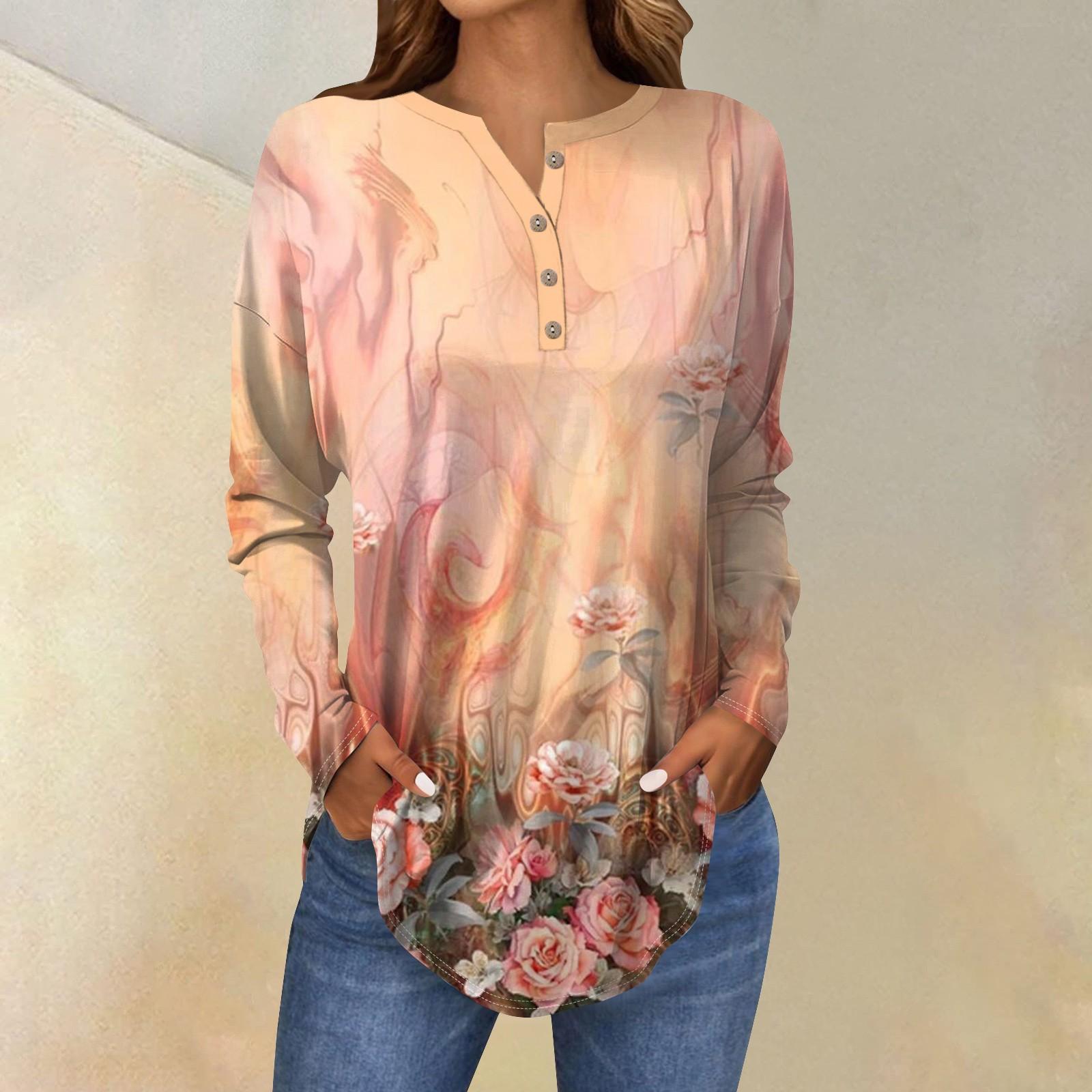 

Футболки для женщин, осенние повседневные рубашки с длинным рукавом на пуговицах, толстовки с винтажным графическим принтом, топ-пуловер L оранжевый