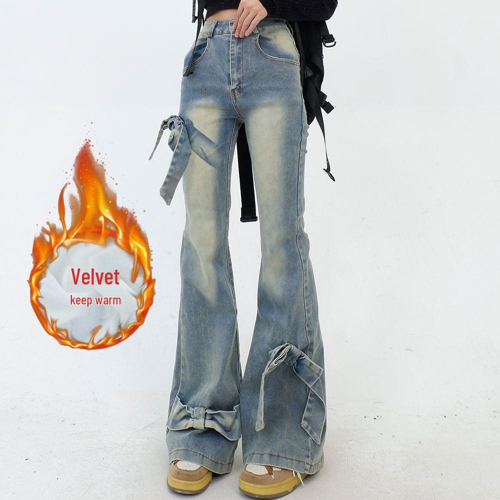 

Женские джинсы с высокой талией в стиле ретро, микроклеш, с бантом - Осень/Зима S синий