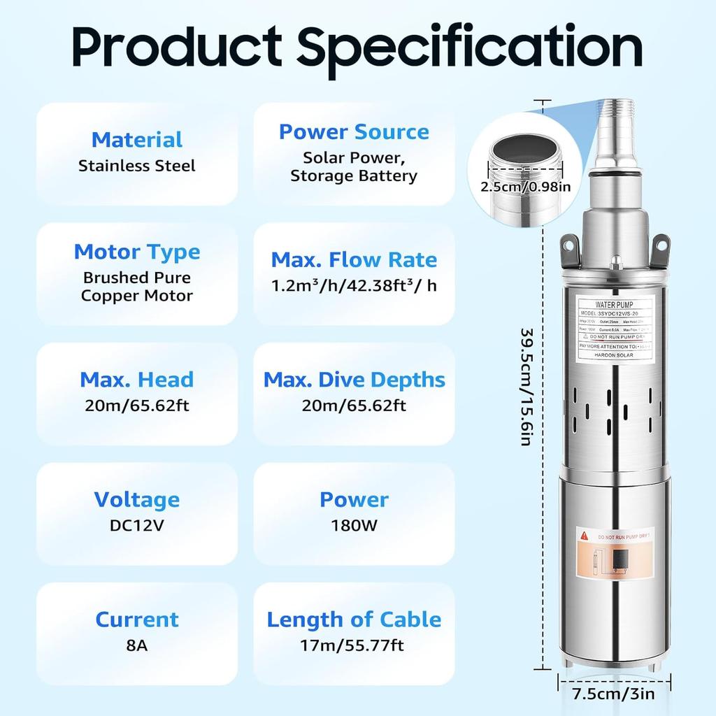 Solar Water Pump Deep Well, DC 12V 180W Deep Well Pump, Deep Well Submersible Solar Water Pump Farm Ranch Irrigation Pump Kit, Solar Submersible Pump