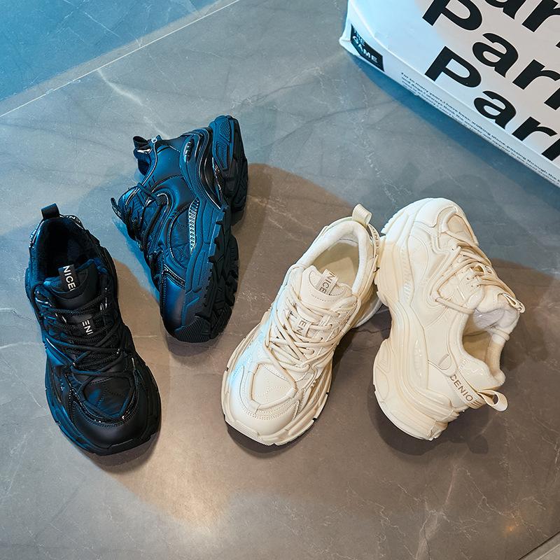 Genuine Leather Daddy Shoes Women's Spring  New All-match Plus Velvet Casual Sports Shoes