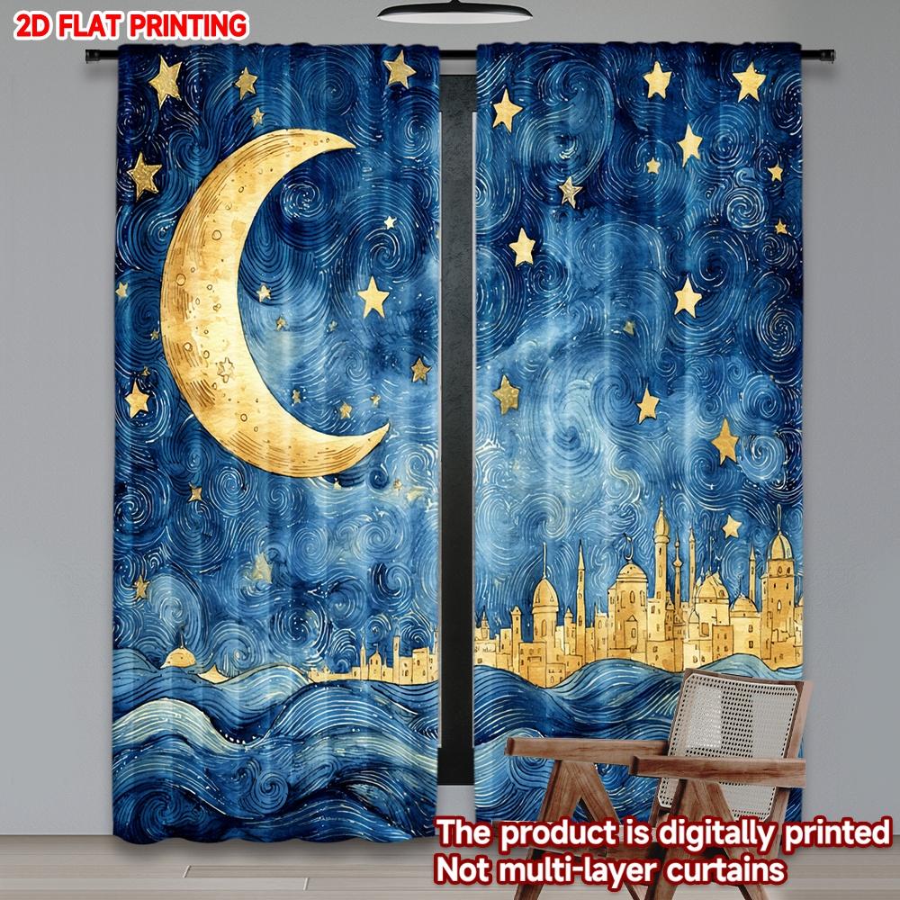 Set Of 2 Modern Night Skyline Curtains Digital Printing Deep Blue Golden Moon Stars City Silhouette Bedroom Decor Curtain Polyester Perfect For Master