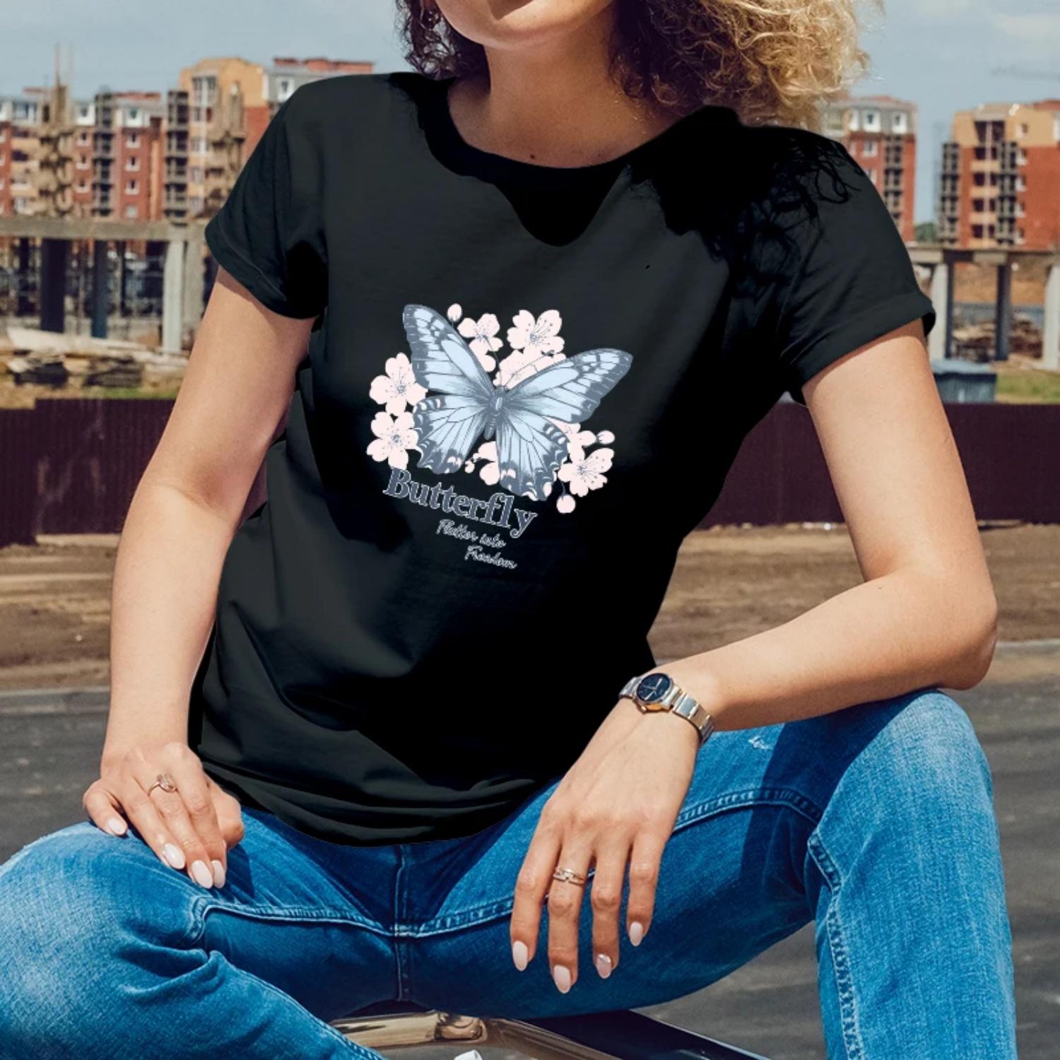 

Women s Short Sleeve T-Shirt Butterfly Freedom Print for Outdoor Summer Walks Young Women with a Graceful Style S чёрный