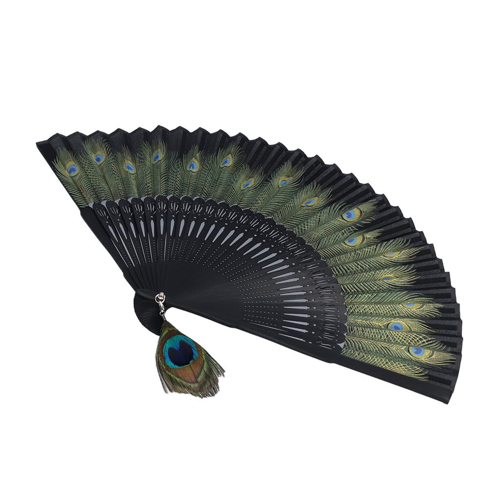 Folding Fan Black Bones Beautiful Peacock Pattern Antique Bamboo Hand Fan for Performance Clothes Decoration Gift