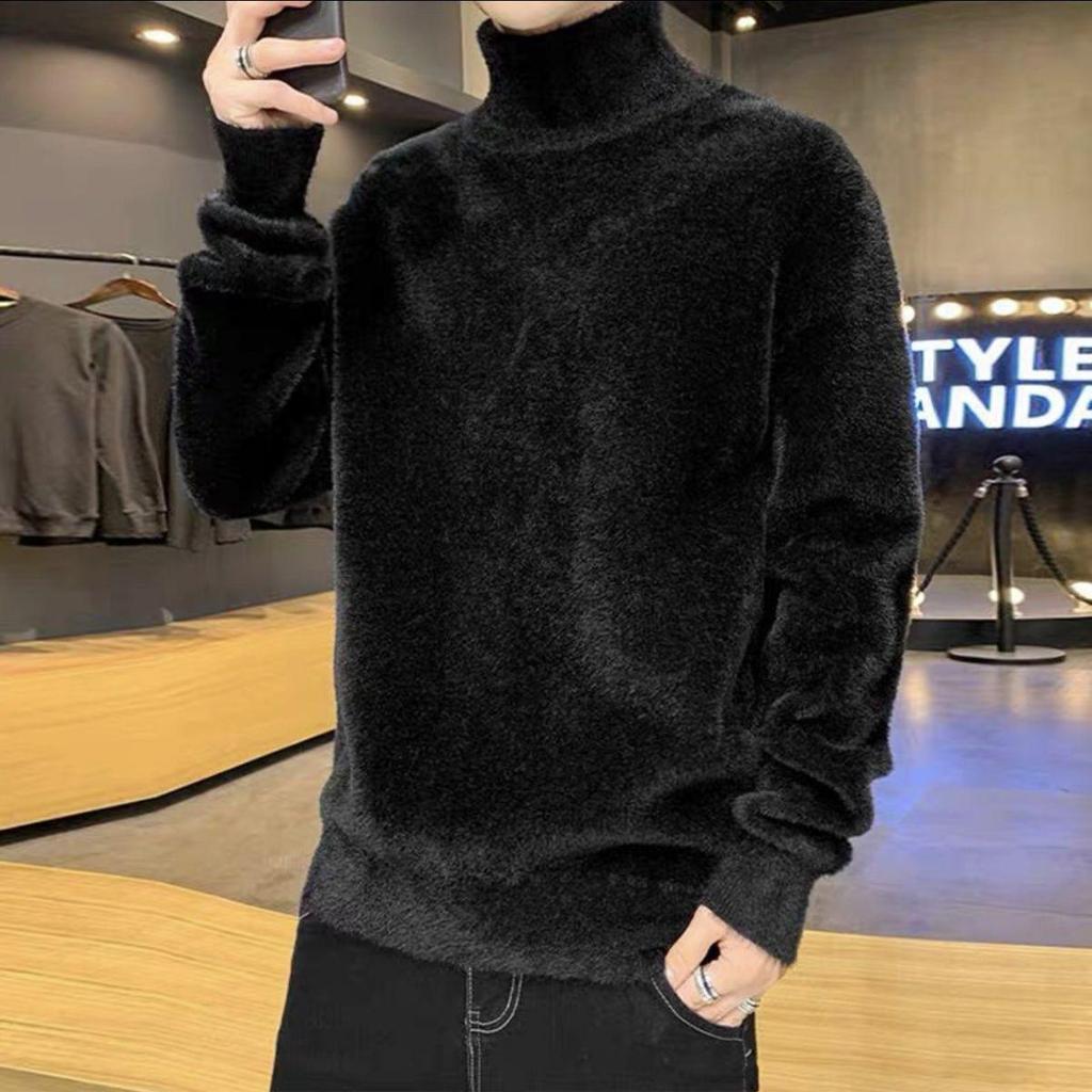 Men's Faux Mink Fur High-Neck Sweater: Trendy Loose Warm Korean Style Knitwear for Autumn and Winter