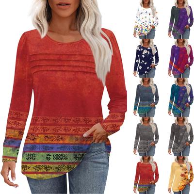 Top de damă cu mânecă lungă, cu guler rotund și imprimeu lejer, casual, la modă