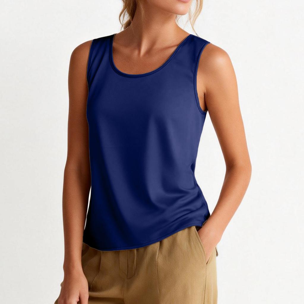 Women's Satin Round Neck Fashion Loose Sleeveless T-Shirt Vest