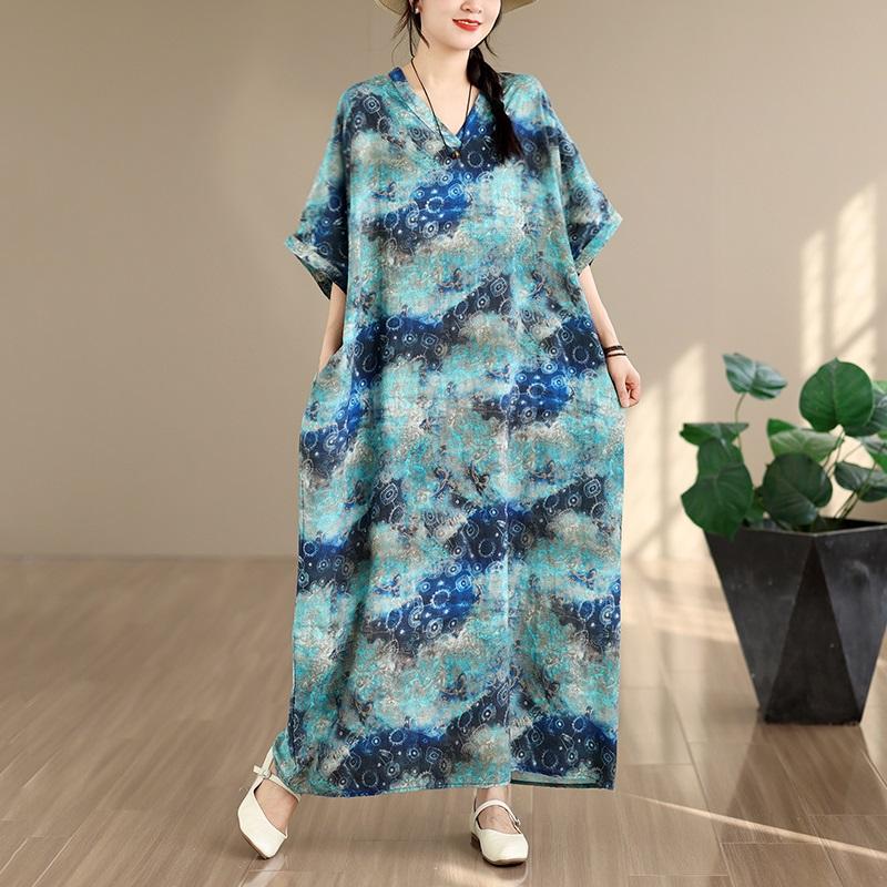 Short Sleeve Plus Size Cotton Vintage Floral New In Dresses for Women Casual Loose Maxi Long Summer Dress