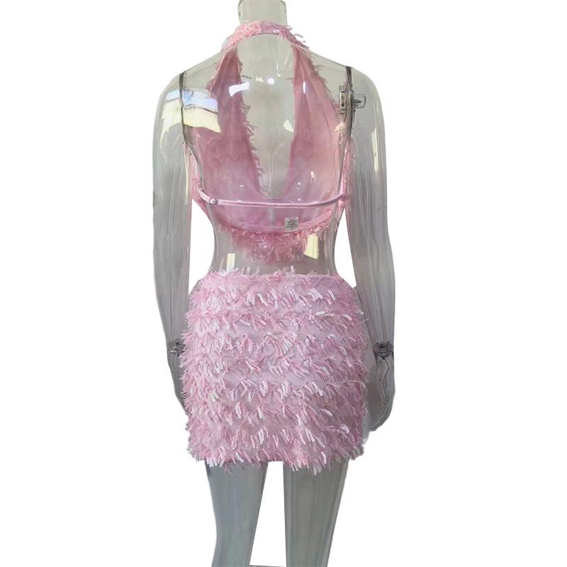 European & American Sexy Halter V-Neck Slimming Short Skirt Set for Women