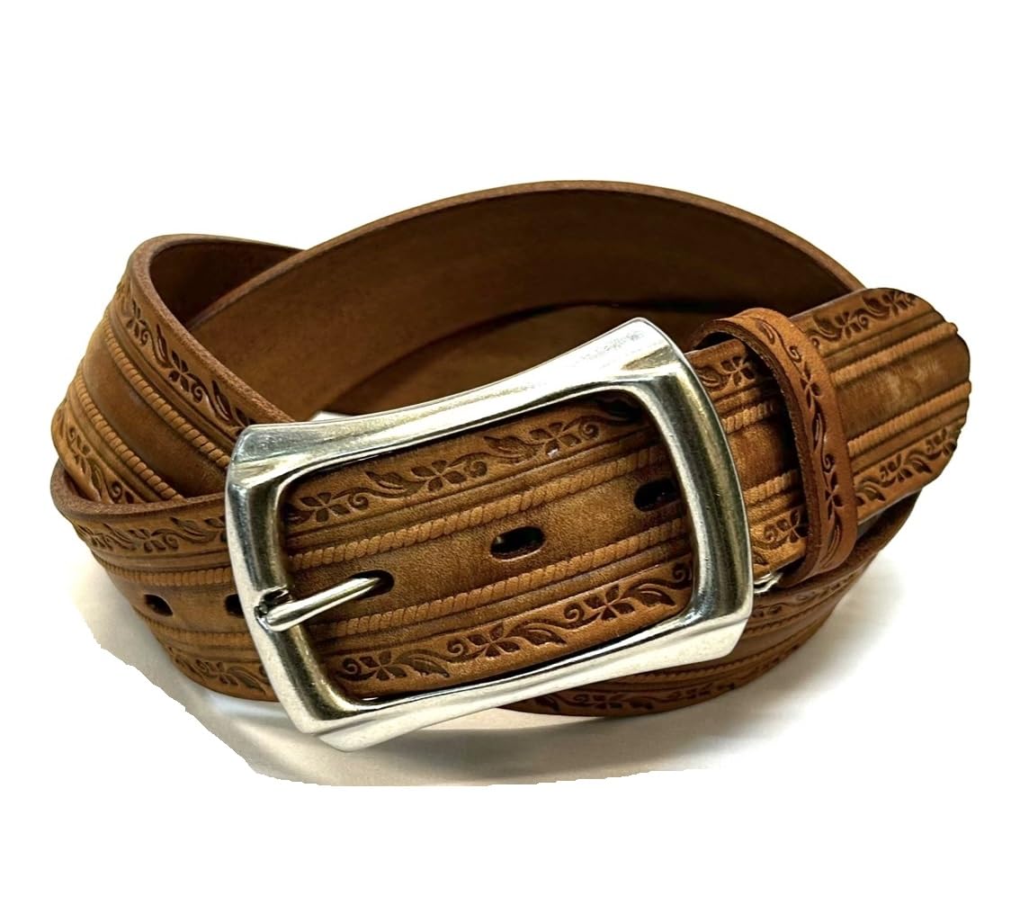 (Кожа Тотиги) Кожаный ремень Tochigi для мужчин, Натуральная кожа, Коровья кожа, Кожа растительного дубления, Цветочный узор, Изготовлен компанией Tochigi Leather Co.,