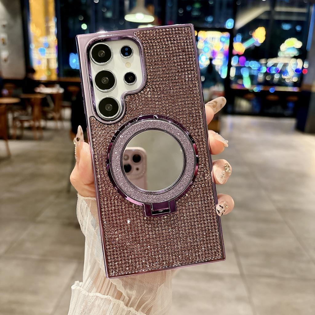 Diamond Glitter Mirror Phone Case For Samsung Galaxy S26 Ultra S23 S24 Ultra S25 Plus Magnetic Ring Stand Protector Cover