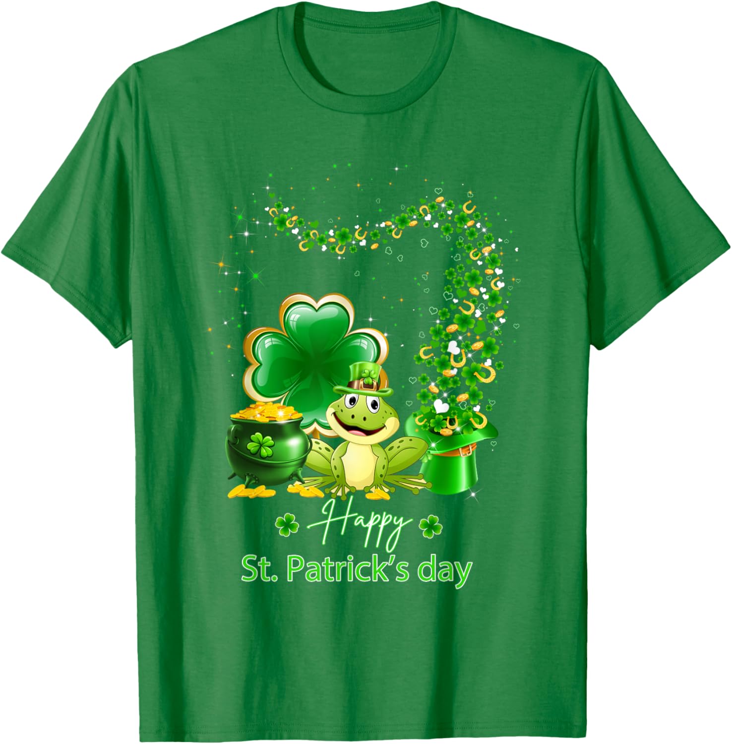 St Patricks Day Frog Pot of Gold Shamrock Graphic Print Cotton T-Shirt Casual Daily S