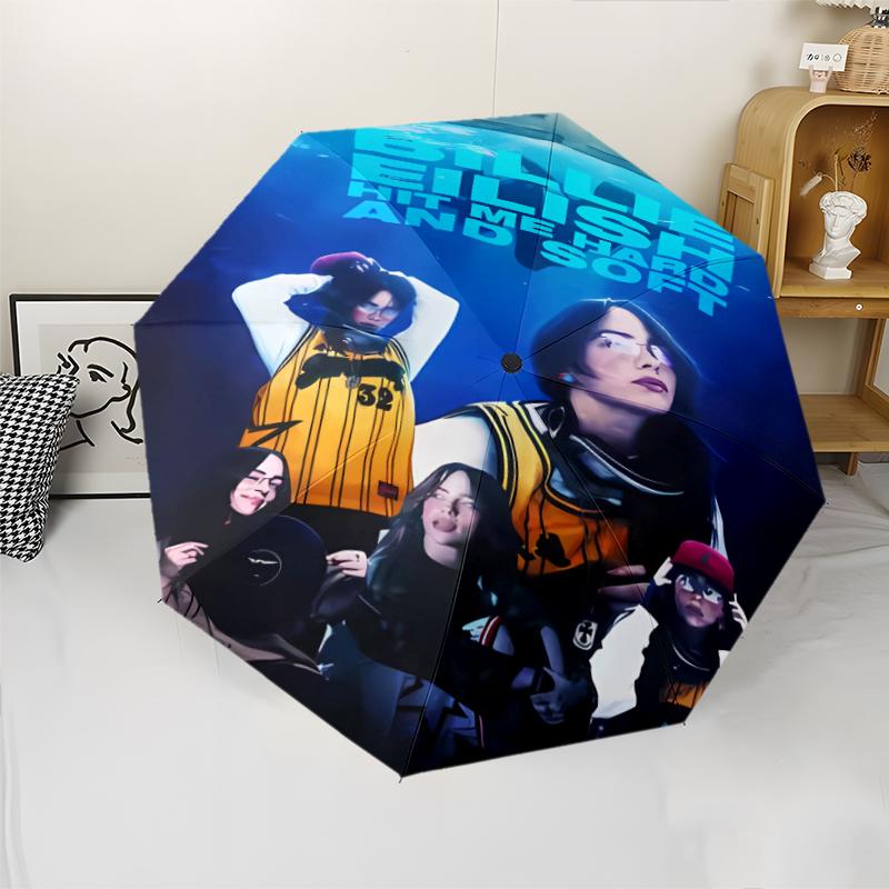 Singer Billie Eilish1 Print Automatic Umbrella, 8 Rib Iron Frame, Plastic Handle, Suitable for Outdoor Travel &Daily , Ideal Gift