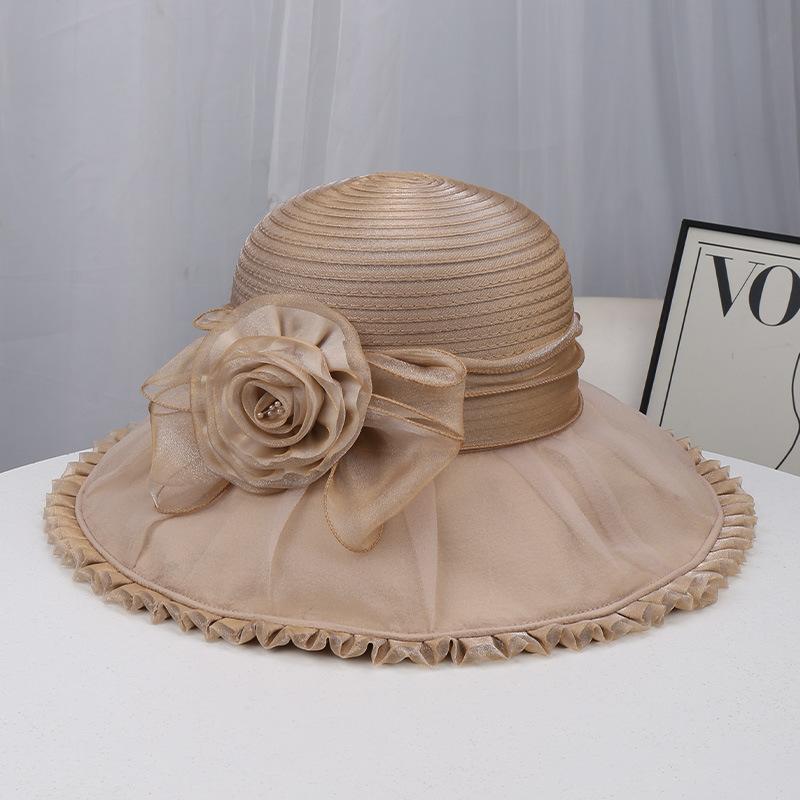 British Style Mesh Gauze Hat Spring and Summer New Women's Sunscreen Big Eaves Flower Lace Sunshade Fashionable and Elegant Top Hat