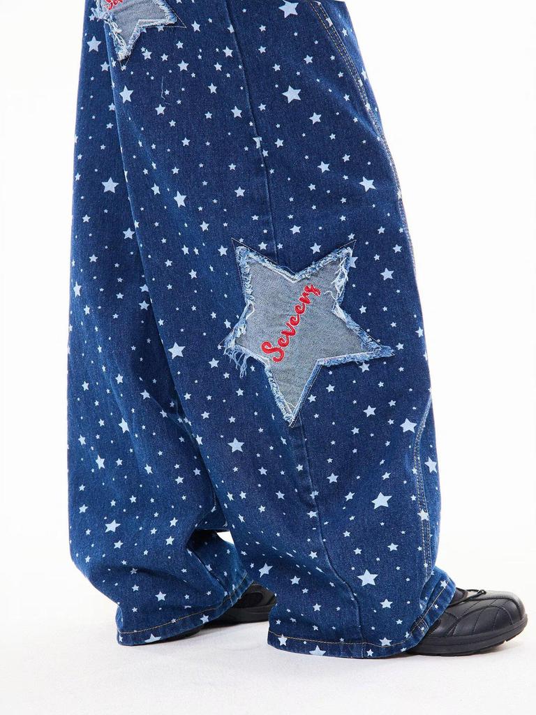 Y2K Retro Star Embroidered Wide-Leg High-Waisted Jeans for Women